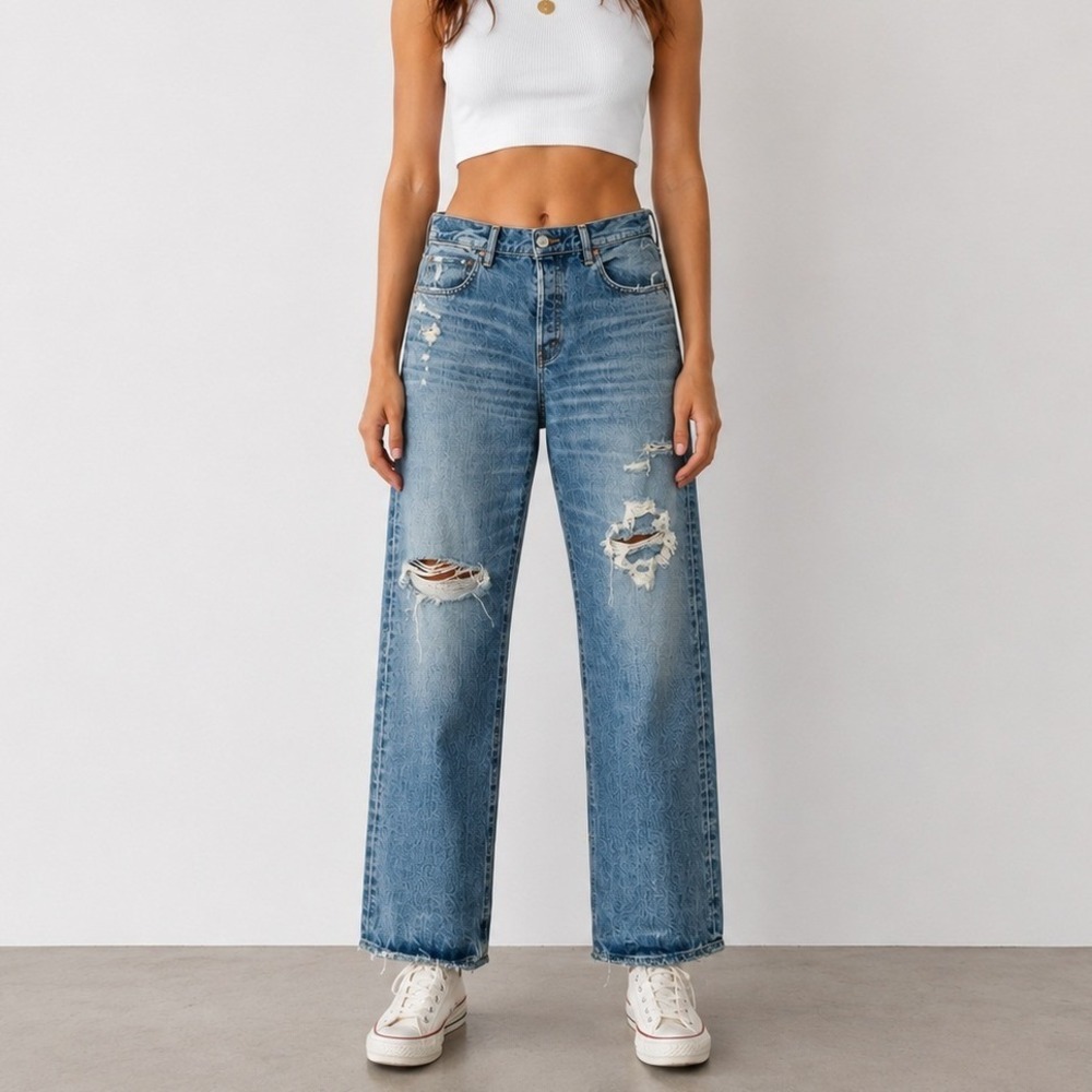 Moussy Vintage Distressed High Rise Straight Leg Jeans Light Wash Blue Size 29